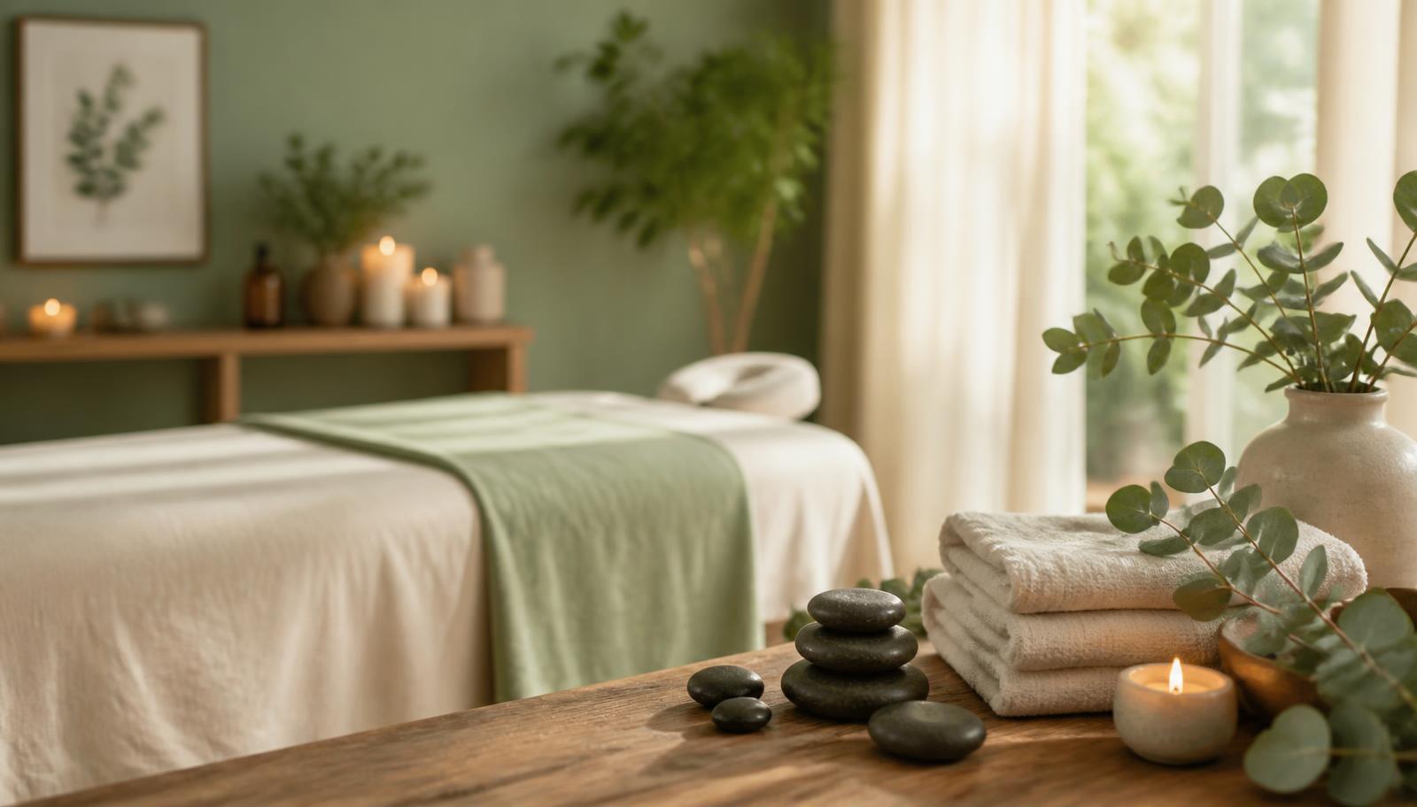 Peaceful massage table with candles, eucalyptus and smooth stones