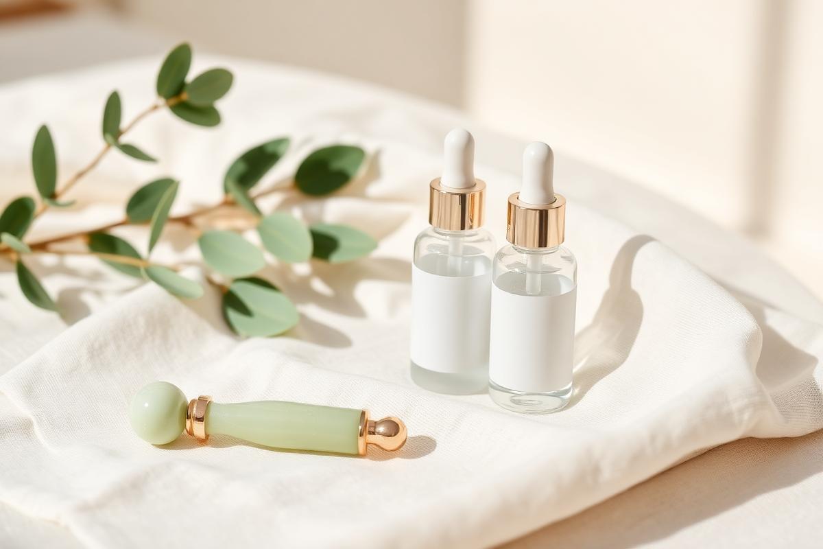 Facial skincare products on linen