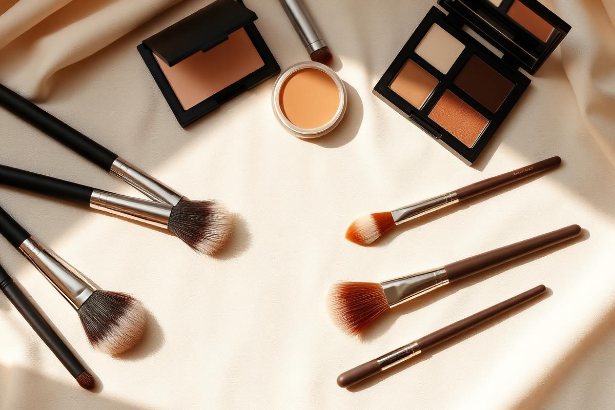 Makeup brushes and neutral cosmetics on cream linen